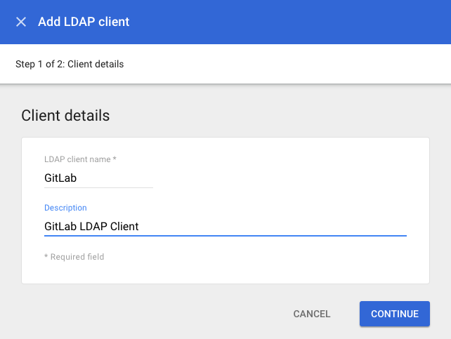 Google Workspace window with client details for adding LDAP client.