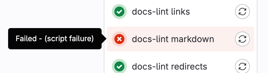 A pipeline graph showing a failed job and the failure-reason.
