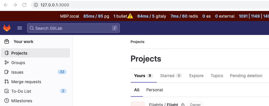 Home page of GitLab running in local development environment on port 3000