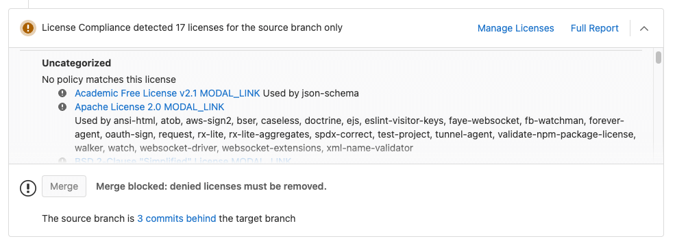 Example of the license compliance information shown on a merge request.